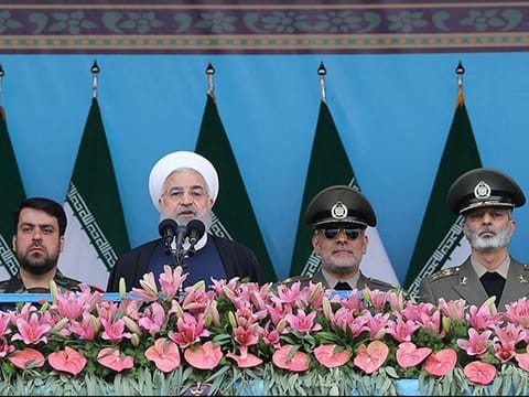  Iranian President Hassan Rouhani delivers a speech during the ceremony of the National Army Day parade in Tehran, Iran April 18, 2019.
