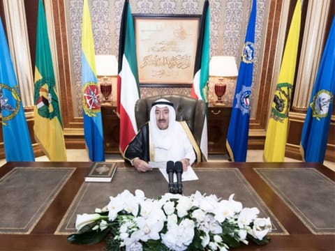 Emir of Kuwait Shaikh Sabah Al-­Ahmad Al­-Jaber Al-­Sabah speaks during his annual speech to mark the last 10 days of the Muslim holy month of Ramadan