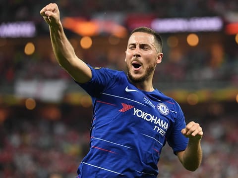 Chelsea's Eden Hazard celebrates after scoring in the Europa League final.