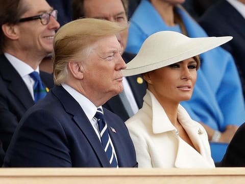President Donald Trump and first lady Melania Trump attend an event to mark the 75th anniversary of D-Day in Portsmouth, England Wednesday, June 5, 2019. 