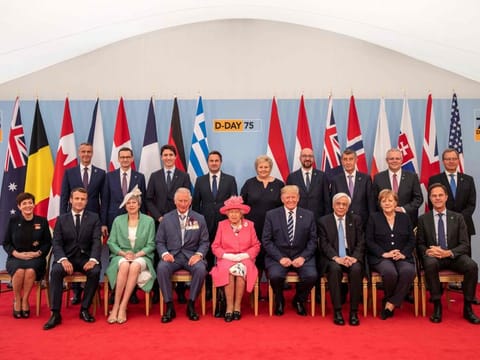 Top leaders including French President Emmanuel Macron, Britain's Prime Minister Theresa May, Britain's Prince Charles, Prince of Wales, Queen Elizabeth II, US President Donald Trump, during an event to commemorate the 75th anniversary of the D-Day landings. US President Donald Trump, Queen Elizabeth II and 300 veterans gathered on the south coast of England for a poignant ceremony.