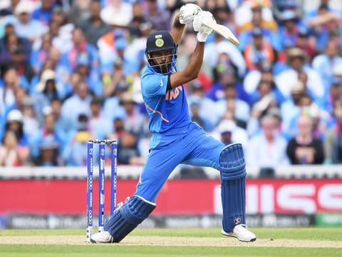 Hardik Pandya plays a shot during the World Cup match between India and Australia at The Oval in London.