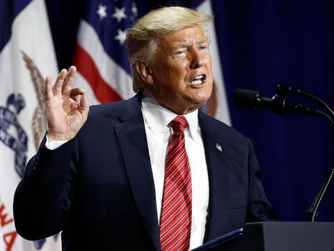 US President Donald Trump speaks at the Republican Party of Iowa's annual dinner in West Des Moines, Iowa, on Tuesday, June 11, 2019. 