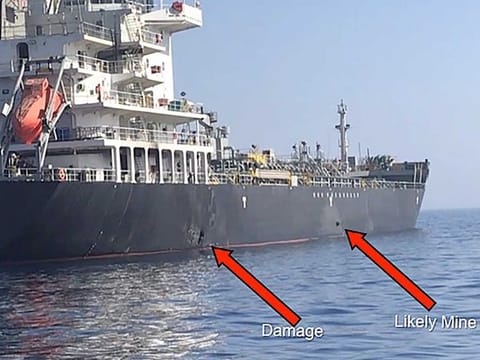 Damaged hull of the civilian vessel M/V Kokuka Courageous in the Gulf of Oman, June 13, 2019. 