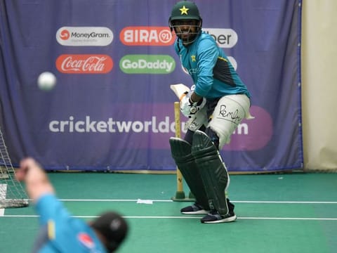 Pakistan's Babar Azam bats during an indoor net session at Old Trafford Cricket Stadium in Manchester on June 14, 2019, ahead of their 2019 World Cup match against India.  / AFP / Dibyangshu SARKAR