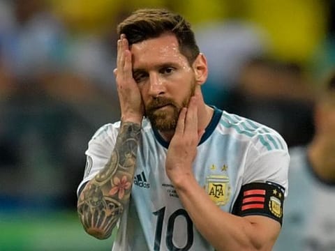 Argentina's Lionel Messi gestures during the Copa America football tournament group match against Colombia at the Fonte Nova Arena in Salvador, Brazil.