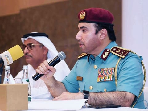 Maj Gen Al Risi and Saif Al Suwaidi address media in  Abu Dhabi.