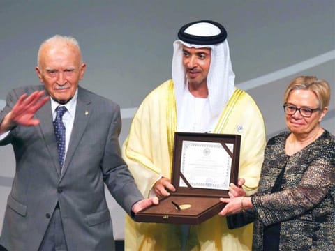 Shaikh Hazza Bin Zayed Al Nahyan, handing over the Shaikh Zayed Book Award to Professor Jaroslav Stetkevych and Suzanne Pinckney Stetkevych at Auditorium Plaza Louvre Abu Dhabi on April 25, 2019.