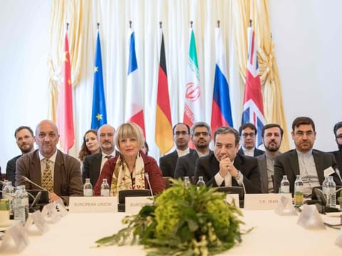 Abbas Araghchi (2ndR), political deputy at the Ministry of Foreign Affairs of Iran, and Helga Schmid (2ndL), Secretary General of the European Union's External Action Service (EEAS), take part in a meeting of the Joint Commission of the Joint Comprehensive Plan of Action (JCPOA) attended by the E3+2 (China, France, Germany, Russia, United Kingdom) and Iran on June 28, 2019 at the Palais Coburg in Vienna, Austria. 