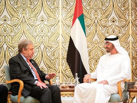Shaikh Mohamed Bin Zayed Al Nahyan, Crown Prince of Abu Dhabi and Deputy Supreme Commander of the UAE Armed Forces (R) meets with Antonio Guterres, Secretary-General of the United Nations, at Emirates Palace.