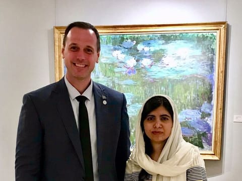Jean-Francois Roberge, the Education Minister of Canada’s Quebec province, with Nobel Prize-winning human rights activist Malala Yousafzai