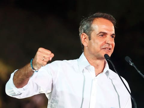 Kyriakos Mitsotakis, leader of the New Democracy party, speaks during a pre-election rally in Athens, Greece, on Thursday, July 4, 2019. Greece will hold a general election on July 7. 