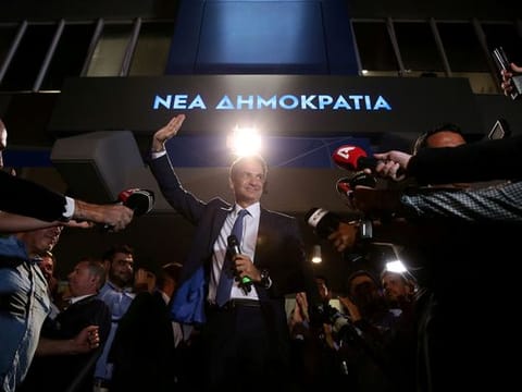 File picture of Greek Prime Minister Kyriakos Mitsotakis as he speaks outside his party's headquarters following the election win in July.. 