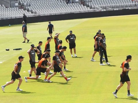 New Zealand players take part in a training session at Old Trafford in Manchester, ahead of their  World Cup semi-final match against India. 