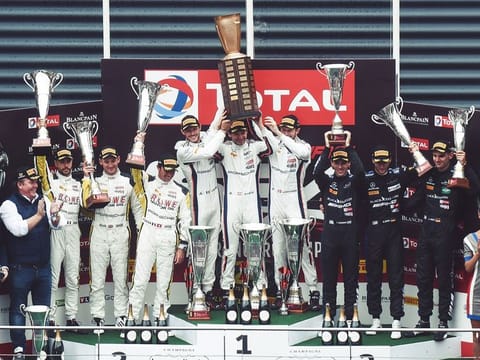 The GPX Racing team celebrate their win in Spa, Belgium.
