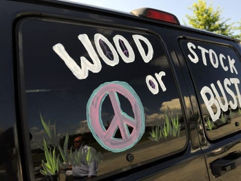 FILE - This Aug. 14, 2009 file photo shows a van decorated with "Woodstock or Bust" at the original Woodstock Festival site in Bethel, N.Y.  On Thursday, May 9, 2019, a judge in New York has ordered London-based Dentsu Aegis Networks not to make any further comments on the future of the 50th Anniversary Festival at least until a hearing on Monday, May 13.  after the festival's organizers sued the former investor. Festival organizers brought suit claiming that the former investor was verbally sabotaging the August 2019 event. (AP Photo/Stephen Chernin, File)