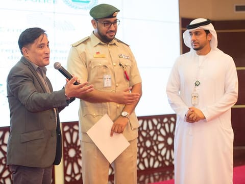 Consul General Paul Raymund Cortes (left), Lieutenant Khalid Mohammad B. Banasser (centre) along with another official at Dubai Police Officers Club in Jaddaf.