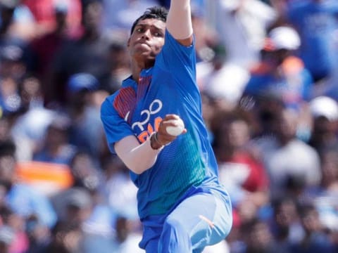 India's Navdeep Saini bowls against the West Indies during the first Twenty20 international cricket match, on Saturday, in Lauderhill, Florida. 