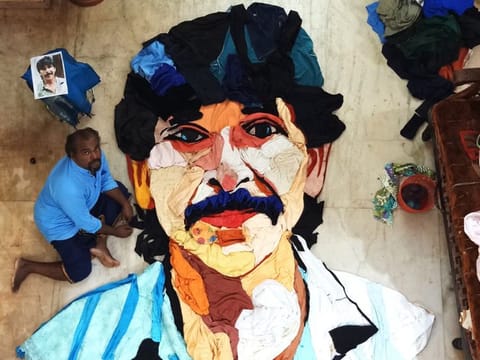 Artist Davinchi Suresh made a massive cloth portrait of Noushad - the textile dealer from Kochi whose act of kindness during this year's floods went viral