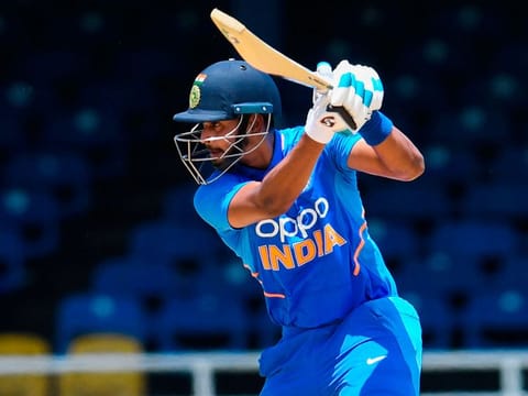 Shreyas Iyer of India hits a boundary during the 2nd ODI match against West Indies at Queens Park Oval in Port of Spain, Trinidad and Tobago, on August 11, 2019. 