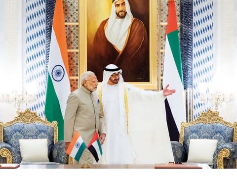 His Highness Shaikh Mohammad Bin Zayed Al Nahyan, Crown Prince of Abu Dhabi and Deputy Supreme Commander of the UAE Armed Forces with Indian Prime Minister Narendra Modi during the latter’s visit to the UAE (File image)