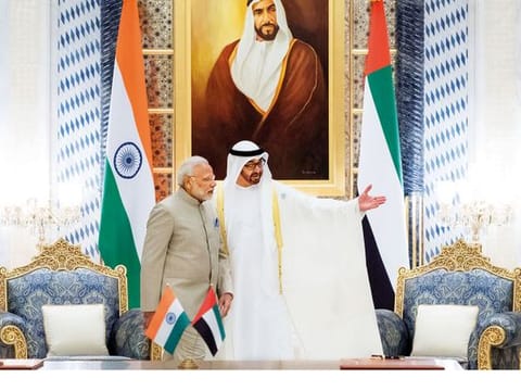 His Highness Shaikh Mohammad Bin Zayed Al Nahyan, Crown Prince of Abu Dhabi and Deputy Supreme Commander of the UAE Armed Forces with Indian Prime Minister Narendra Modi during the latter’s visit to the UAE
