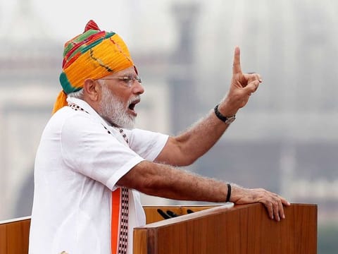 Indian Prime Minister Narendra Modi addresses the nation during Independence Day celebrations at the historic Red Fort in Delhi, India
