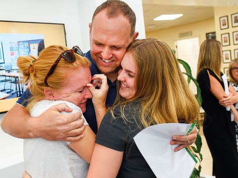 Parents celebrate with a student after the A-level results at GEMS Jumeirah College in Dubai on Thursday.. 