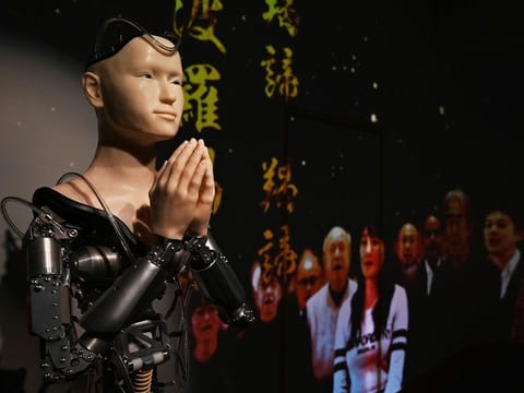 This photo taken on June 18, 2019 shows an android robot at Kodaiji temple in Kyoto. 