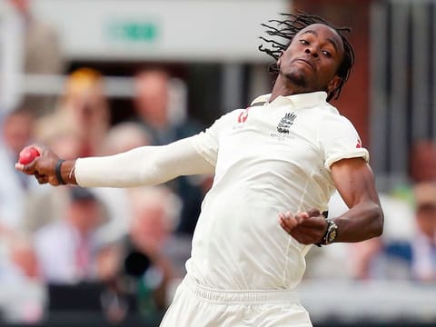 England's Jofra Archer bowls during the second Ashes cricket Test match against Australia at Lord's Cricket Ground in London. 