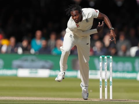 England's Jofra Archer bowls to Australia's Cameron Bancroft during play on day five of the 2nd Ashes Test at Lord's cricket ground in London. 