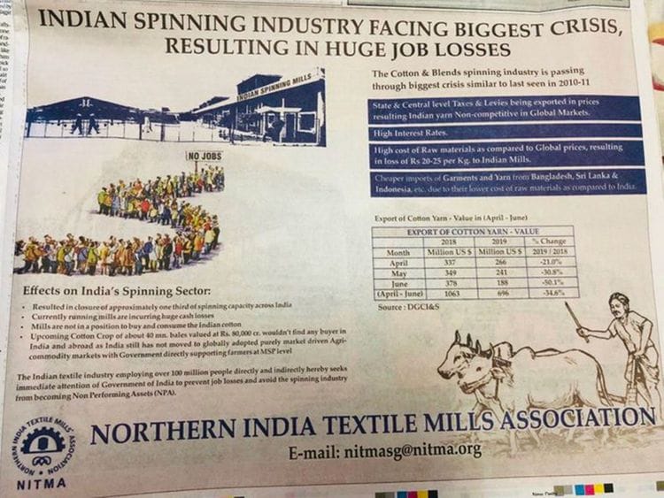 Indian textile body uses newspaper ad to get government attention