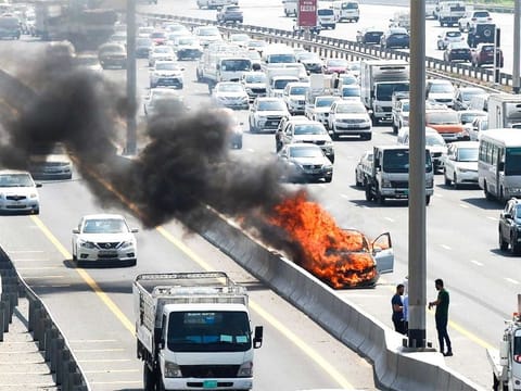 Car on fire in Al Khail Road in Dubai.