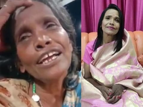 Two phases of life: Left, Ranu Mandol during her train singing days and, right, after the makeover