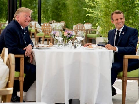 File photo: US President Donald Trump sits for lunch with French President Emmanuel Macron, right, at the Hotel du Palais in Biarritz, south-west France, Saturday Aug. 24, 2019. Efforts to salvage consensus among the Group of Seven rich democracies on the economy, trade and environment were fraying around the edges even as leaders were arriving before their three-day summit in southern France. 