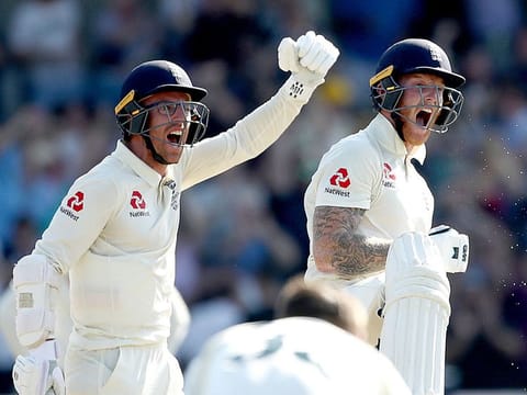 England's Jack Leach and Ben Stokes, right, celebrate victory on day four of the third Ashes Test match against Australia at Headingley, Leeds, on Sunday. 
