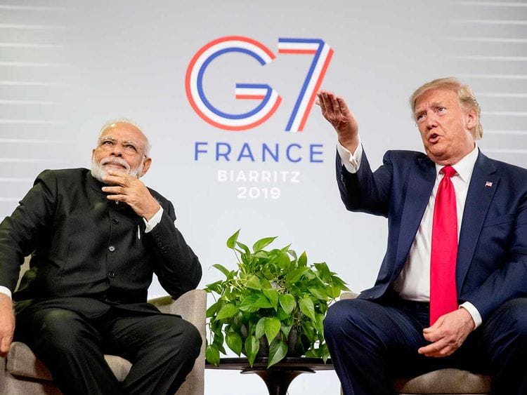 Donald Trump with Modi at a G7 media briefing 
