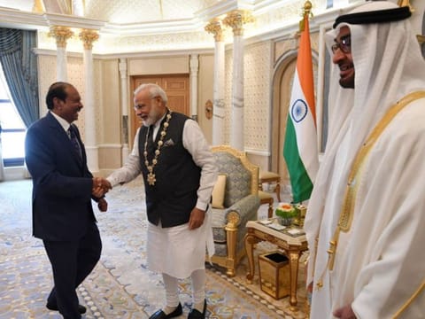 Yousuf Ali MA, Chairman and managing director of LuLu Group congratulates Indian Prime Minister Narendra Modi in the presence of Sheikh Mohamed bin Zayed during Modi's recent visit to UAE. 