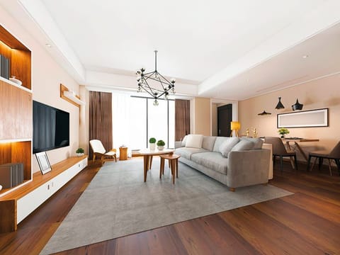 A professionally rendered transitional room embraces neutral palettes and understated elegance