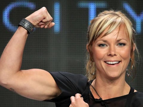 In this file photo taken on August 01, 2012  Professional racer Jessi Combs speaks at the 'Overhaulin' discussion panel during the Discovery Networks/Velocity portion of the 2012 Summer Television Critics Association tour at the Beverly Hilton Hotel in Los Angeles, California.  