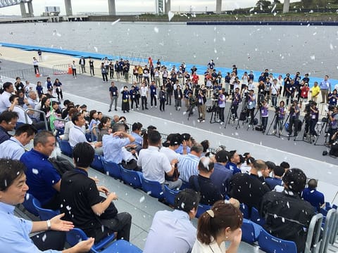 Tokyo 2020 Olympics and Paralympics organising committee test artificial snowfall to cool down spectators during a canoe event at Sea Forest Waterway in Tokyo, Japan September 13, 2019. 