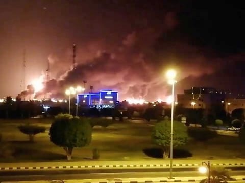 Smoke billows following a fire at the Aramco facility in Abqaiq, Saudi Arabia, on September 14, 2019.
