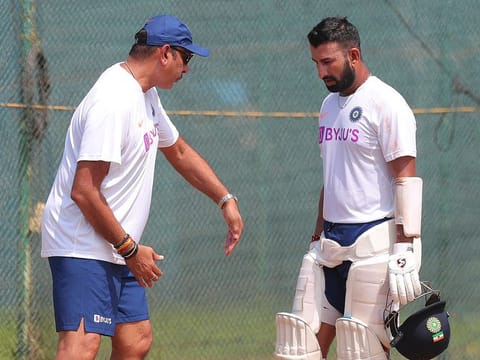 India's Cheteshwar Pujara with coach Ravi Shastri 