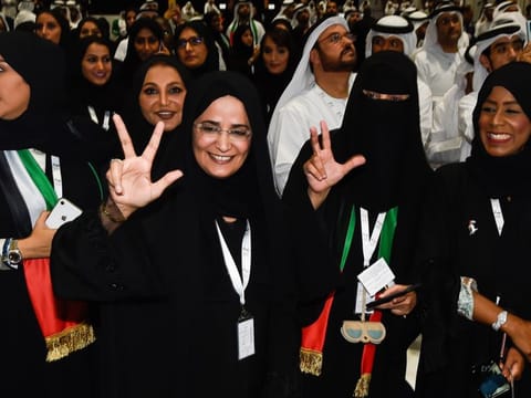 Naema Al Mansouri celebrate after winning the  Federal National Council elections at ADNEC in Abu Dhabi. 
