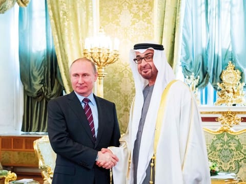 File photo taken on April 20, 2017: His Highness Sheikh Mohamed bin Zayed Al Nahyan Crown Prince of Abu Dhabi Deputy Supreme Commander of the UAE Armed Forces (R), stands for a photograph with HE Vladimir Putin President of Russia (L), at the Kremlin Palace. 