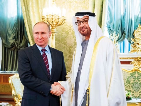 Shaikh Mohammad Bin Zayed Al Nahyan with Vladimir Putin at the Kremlin Palace during the former’s visit to Russia in 2017.