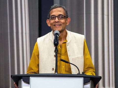 Abhijit Banerjee speaks during a news conference at Massachusetts Institute of Technology.