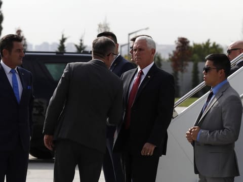 Vice President Mike Pence is welcomed as he arrives in Ankara, Turkey,  Thursday, Oct. 17, 2019.