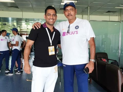 India's head coach Ravi Shastri poses with Mahendra Singh Dhoni during the Ranchi Test match earlier this week.