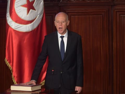 Tunisia's new President Kais Saied takes the oath of office on October 23, 2019 in Tunis after his surprise election victory over champions of the political establishment. 
